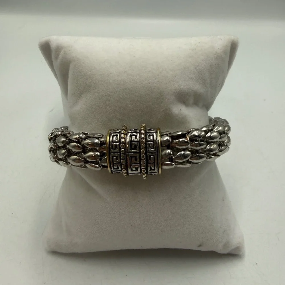Greek Key Magnetic Clasp Popcorn Chain Bracelet Silver Gold Tone‎ Mixed Metal